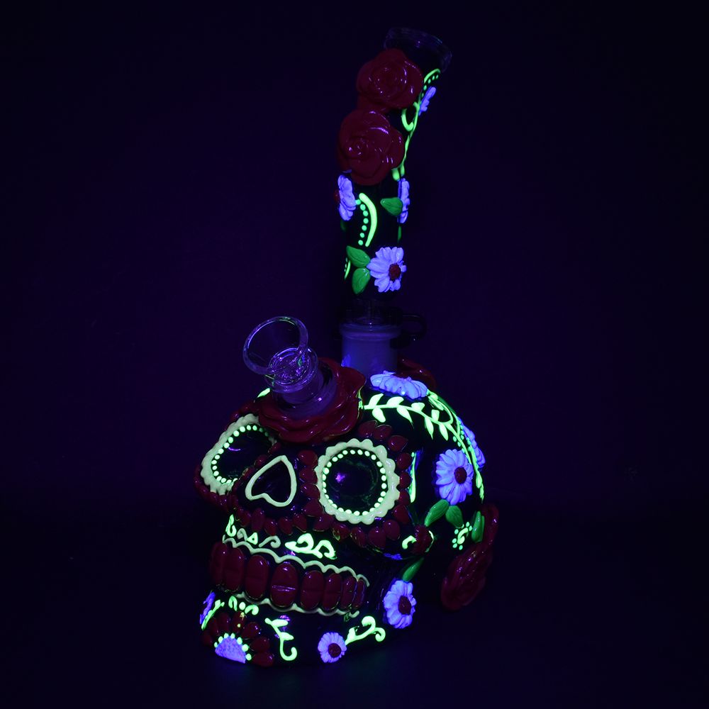 Heavy Flowered Sugar Skull Bong 10&quot;