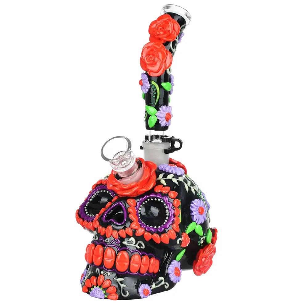 Heavy Flowered Sugar Skull Bong 10"