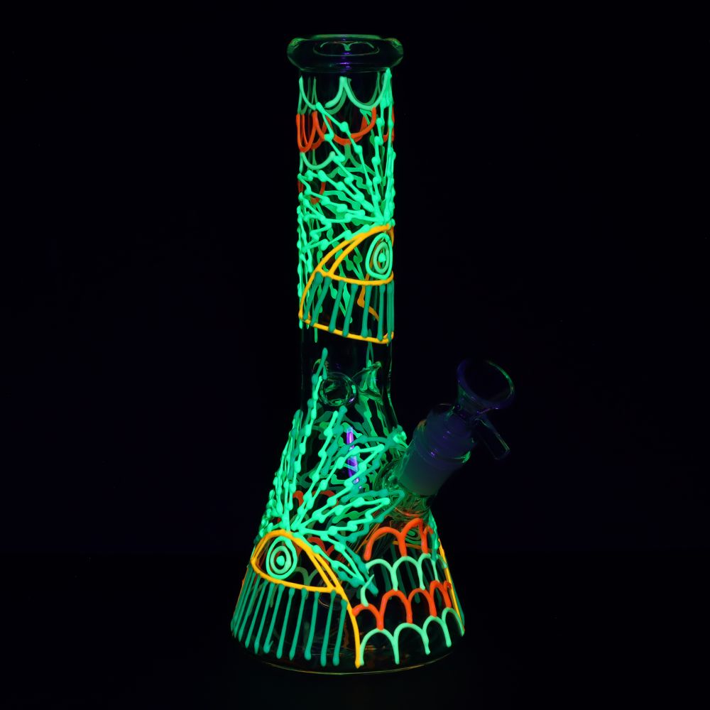 SeshGear 420 Drizzle Glow In The Dark Beaker Glass Water Pipe 10"