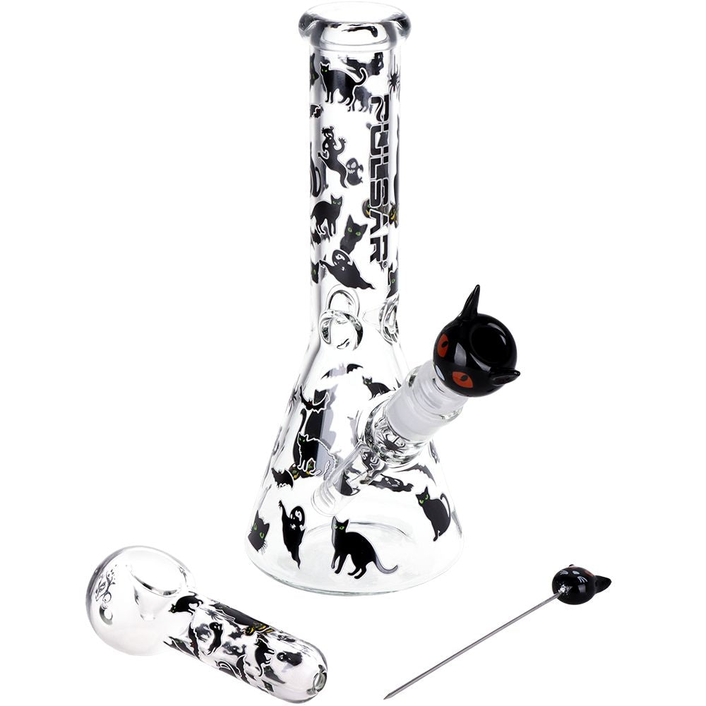 Superstitious Kitty Glow Glass Herb Pipe Duo 9.75"