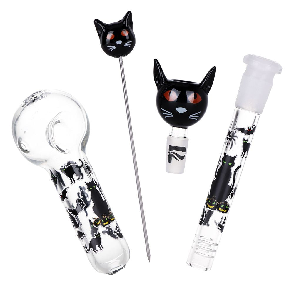 Superstitious Kitty Glow Glass Herb Pipe Duo 9.75"