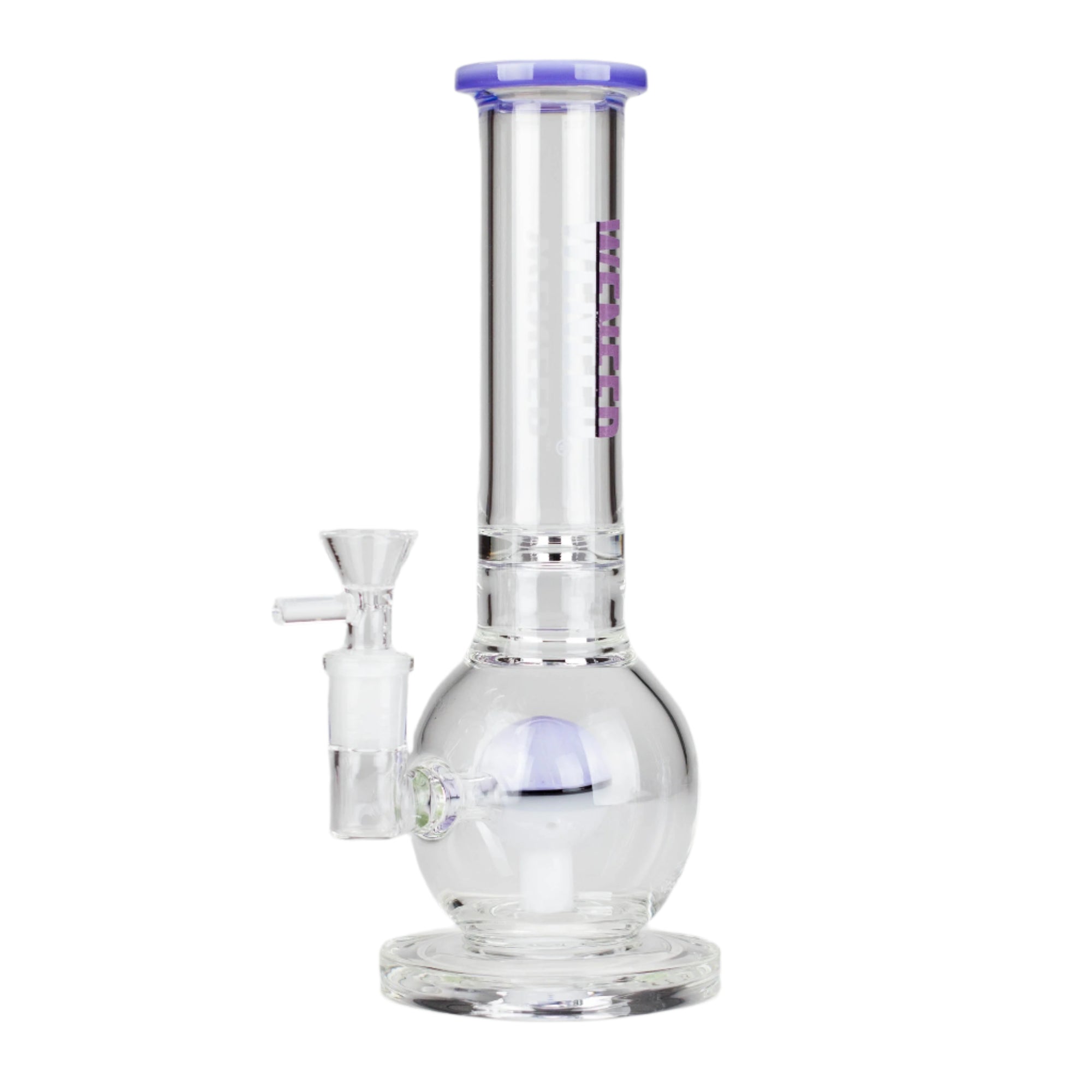 Clear glass water pipe with purple Pocket-Orb perc on a white background