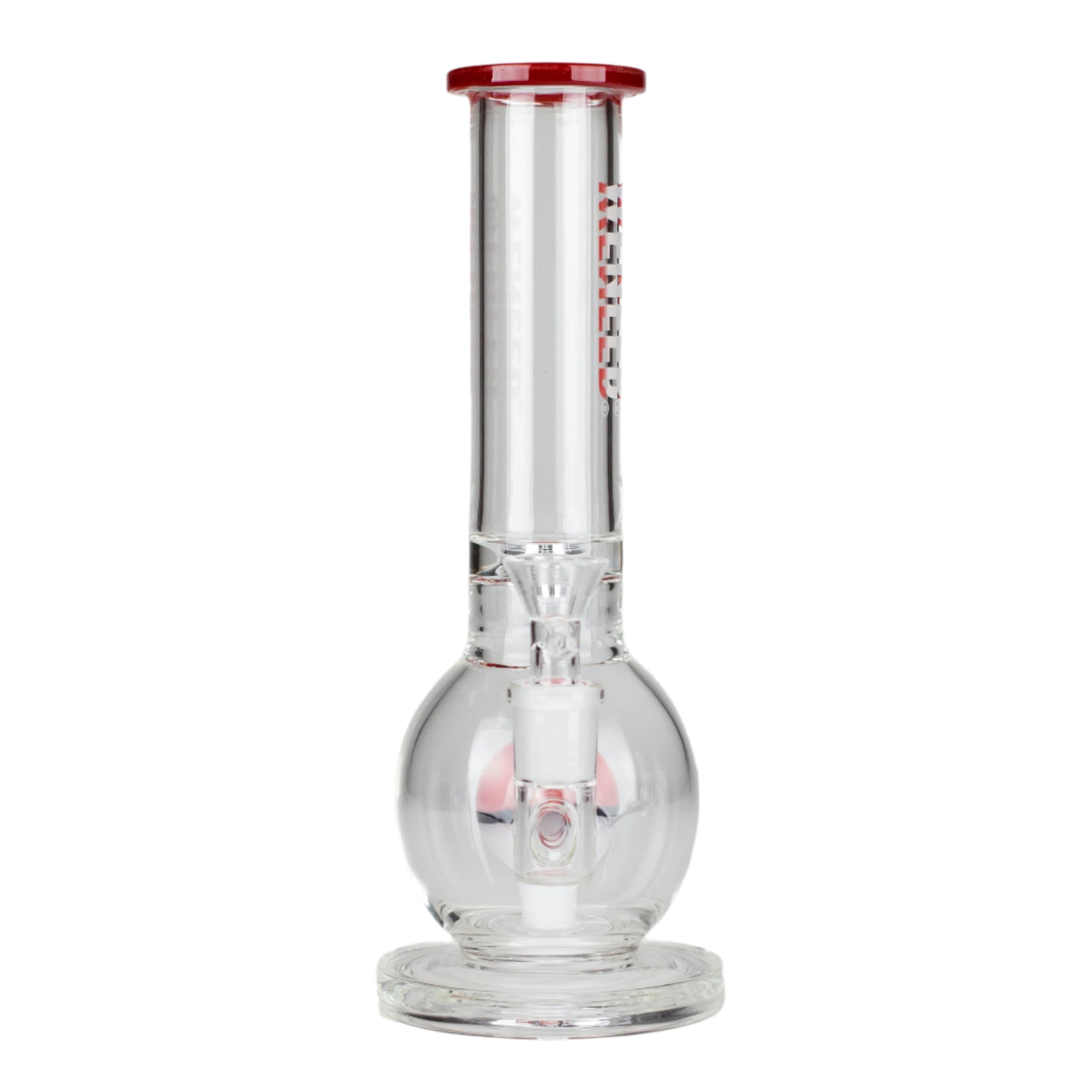 Clear glass bong with red Pocket Orb perc on a white background