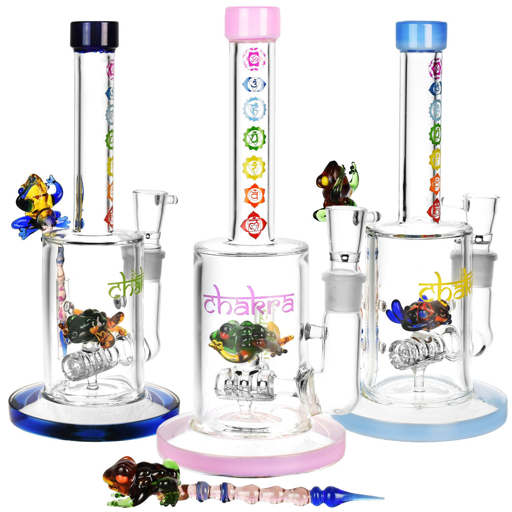 Chakra Frog Water Bong Collection – Pink, Blue, Light Blue Glass Bongs with Stir Tool