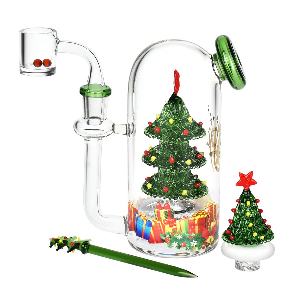 Christmas Tree Glass Dab Rig Set showing all included components and accessories