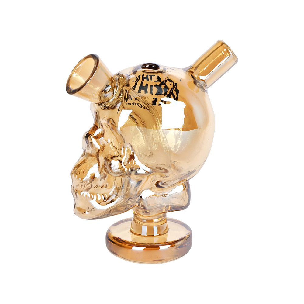 Back view of Death Row Records skull glass blunt bubbler