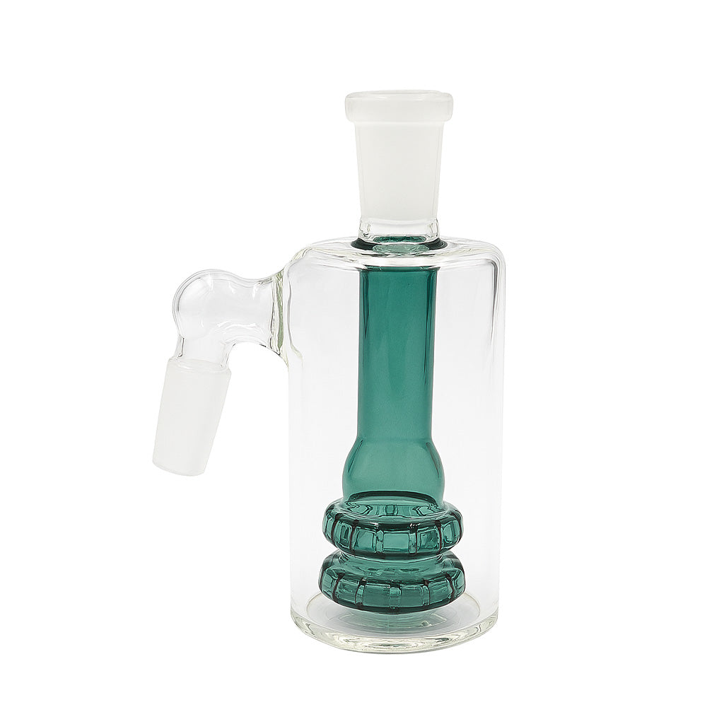 Double-Tier Showerhead Perc Ash Catcher 45° joint, teal borosilicate glass for clean, flavorful hits