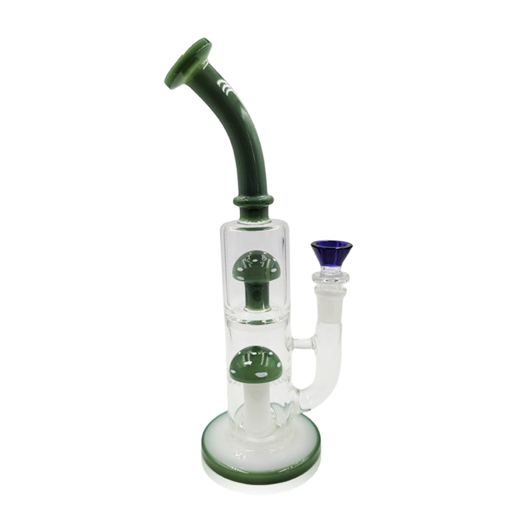 Mushroom Perc Bong in Emerald with dual percs and honeycomb disc, 11-inch dab rig with bent neck design