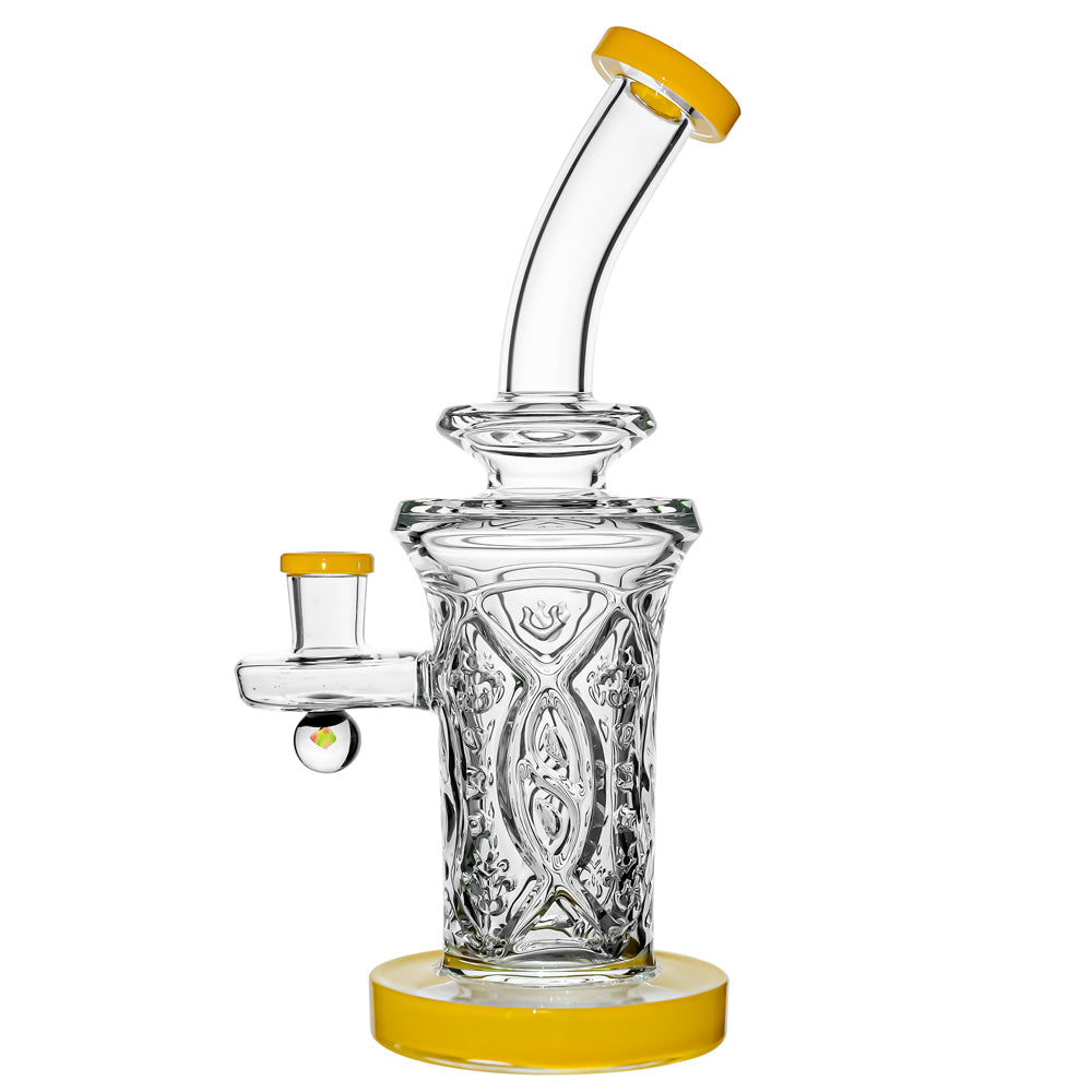 Flared Helix Carved Glass Dab Rig in lemon candy color