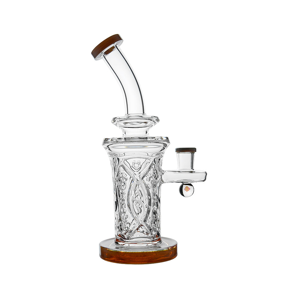 Left side view of the red Flared Helix Carved Glass Dab Rig