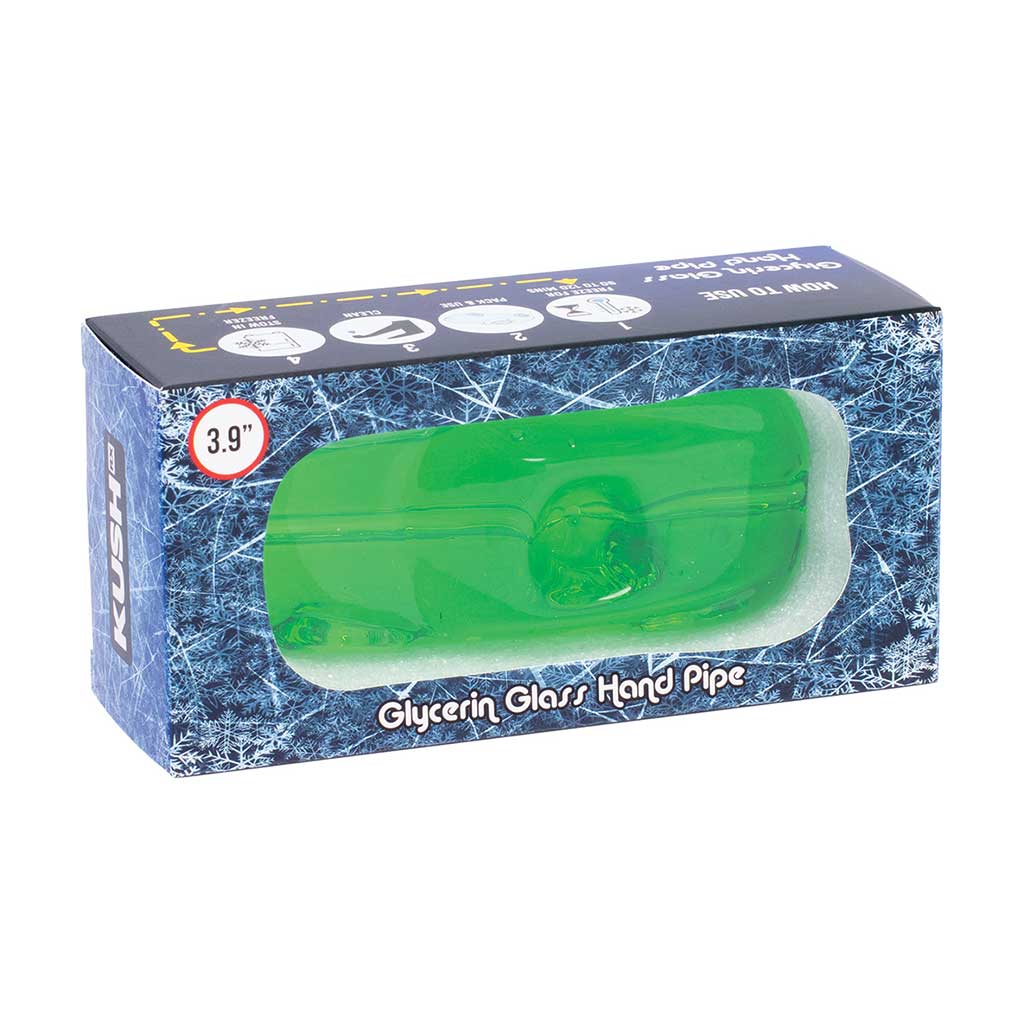 Green glass glycerin car hand pipe package on a white background