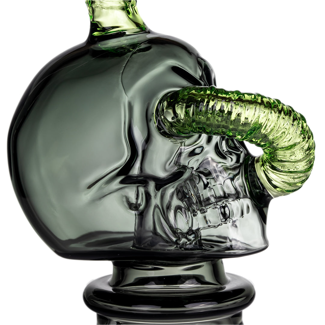 Side angle view of Halloween Grim Ripper Puffco Peak Glass Top showing intricate skull and worm design