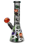 10-inch beaker style water pipe from the Halloween Party Bong Glow Duo with glow-in-the-dark Halloween designs