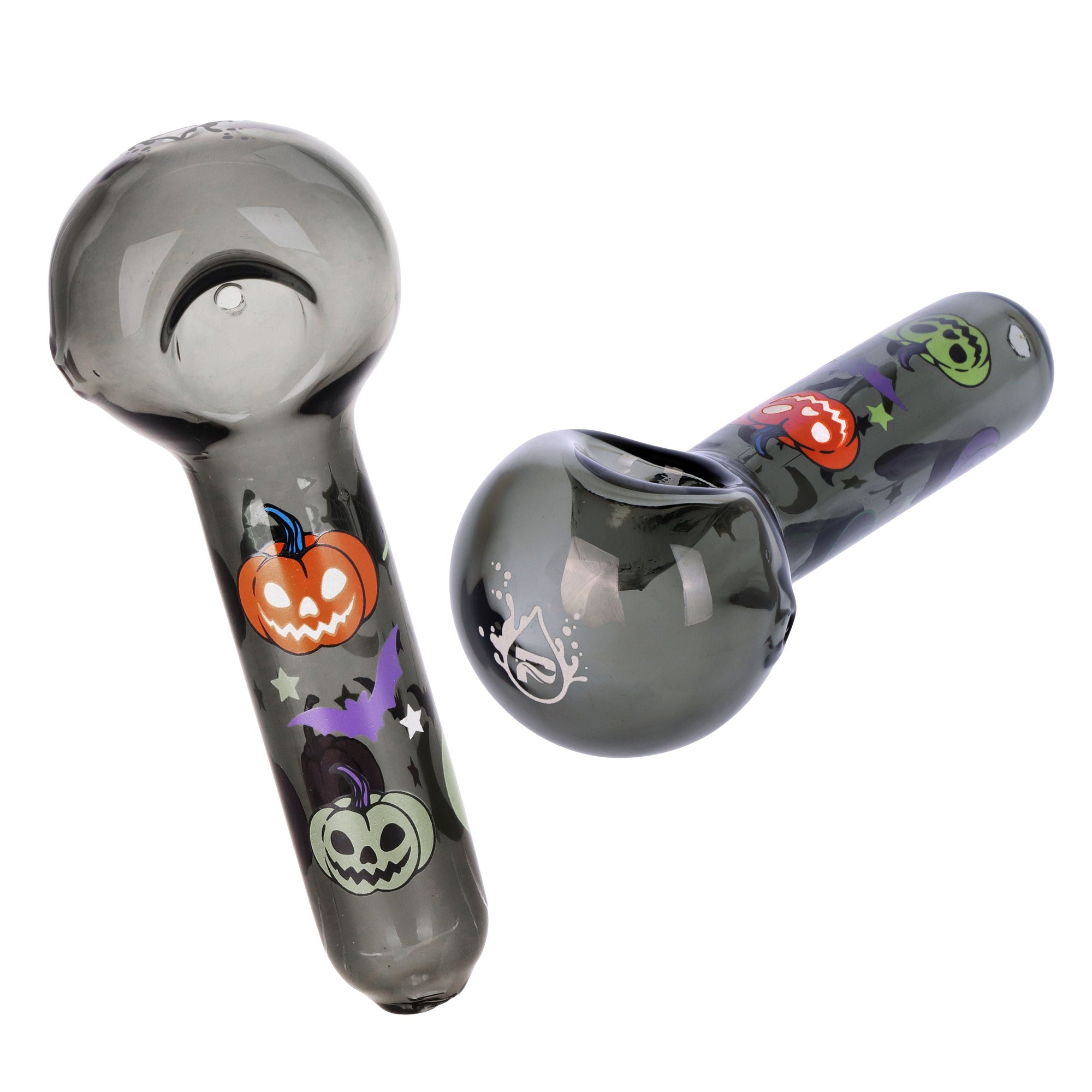 5.25-inch spoon-style hand pipe from the Halloween Party Bong Glow Duo with matching Halloween glow designs
