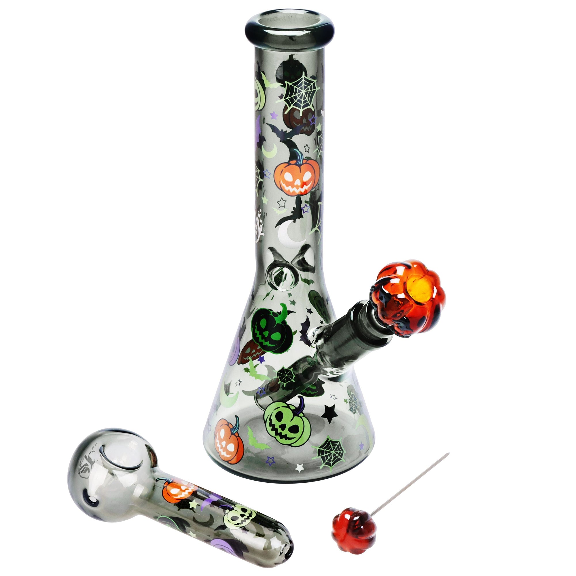 Halloween Party Bong Glow Duo set featuring 10-inch beaker bong and 5.25-inch hand pipe with glow-in-the-dark accents
