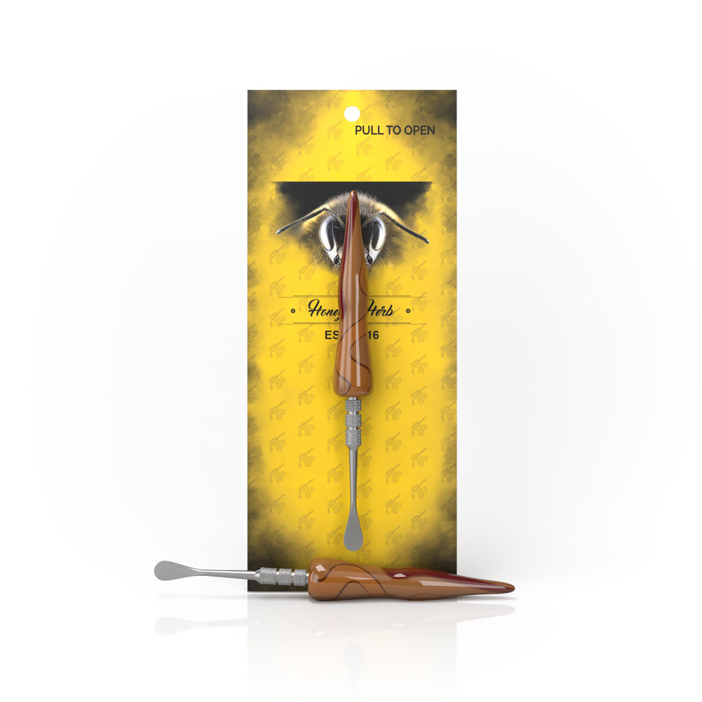 Hand-Blown Swirl Tide Dab Tool in Brown with packaging
