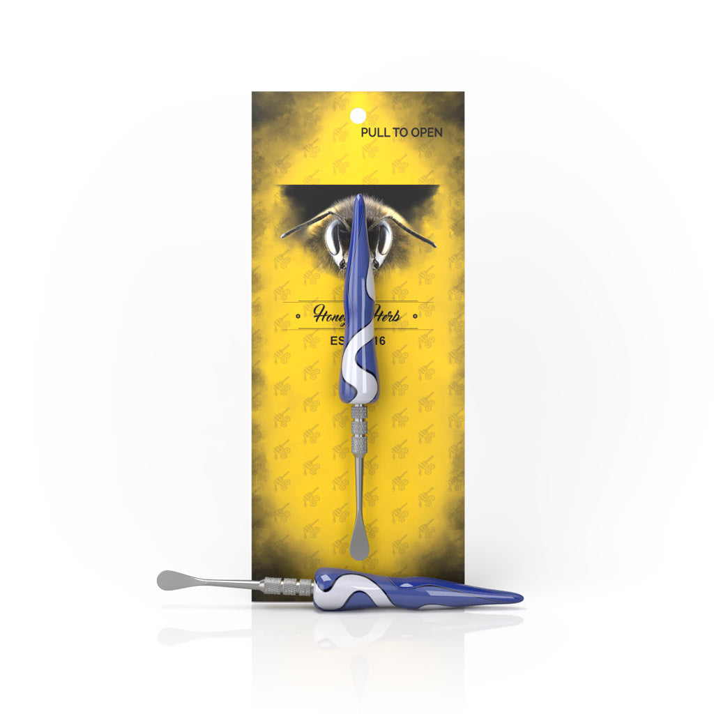 Hand-Blown Swirl Tide Dab Tool in Dark Blue with packaging