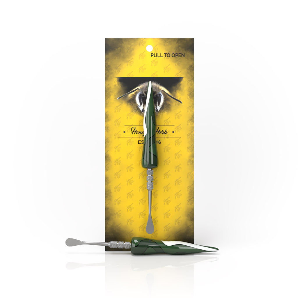 Hand-Blown Swirl Tide Dab Tool in Dark Green with packaging