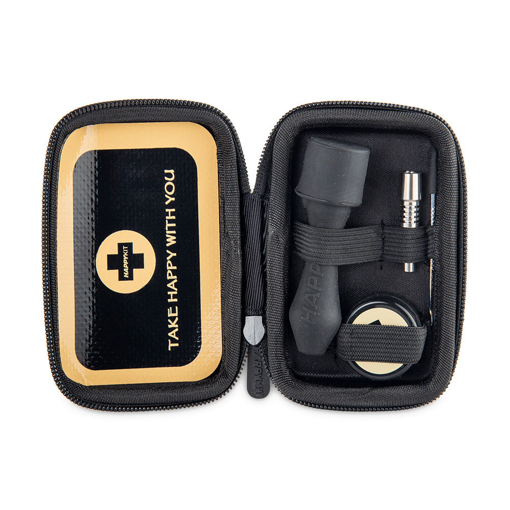 Mini Nectar Collector Kit contents – silicone dab straw, titanium tip, dab tool, mat, container