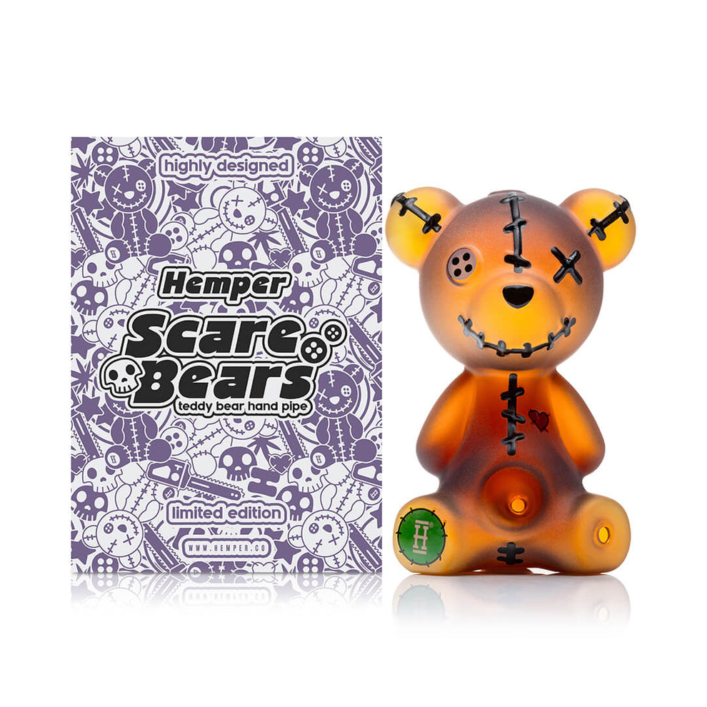 Hemper Scare Bear orange glass hand pipe front view