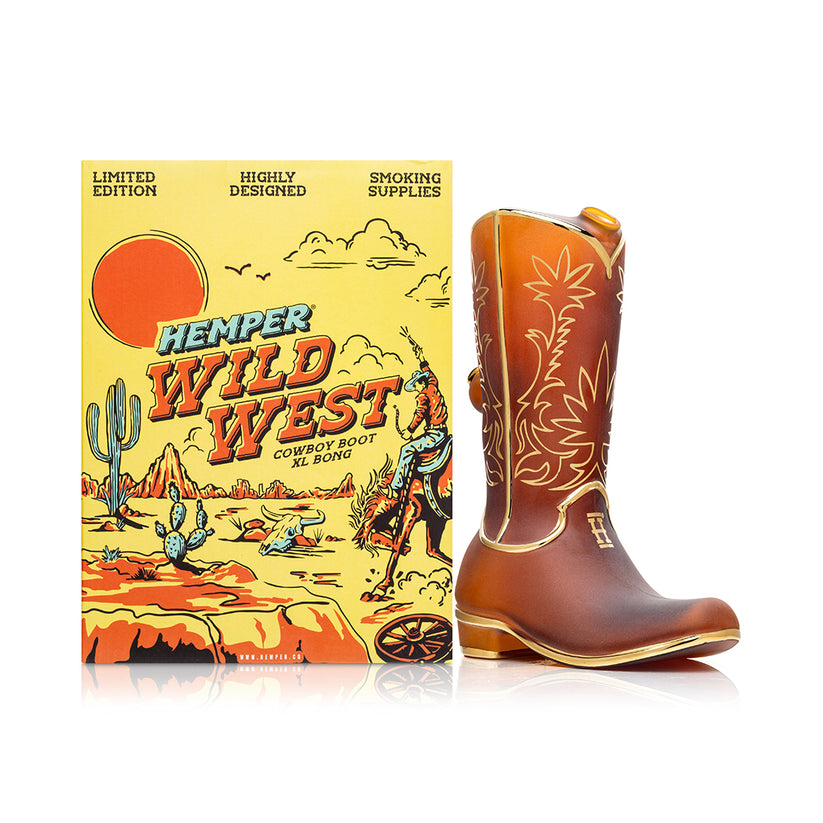 Hemper 9″ Wild West Cowboy Boot XL Glass Bong with package - INHALCO