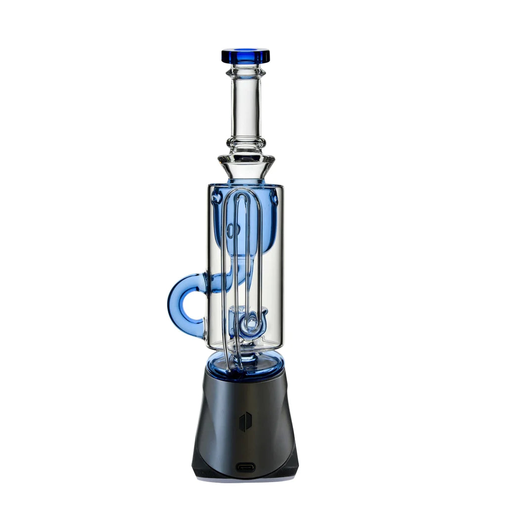 Klein Recycler Puffco Peak Glass Seed of Life Perc with blue accents on a white background