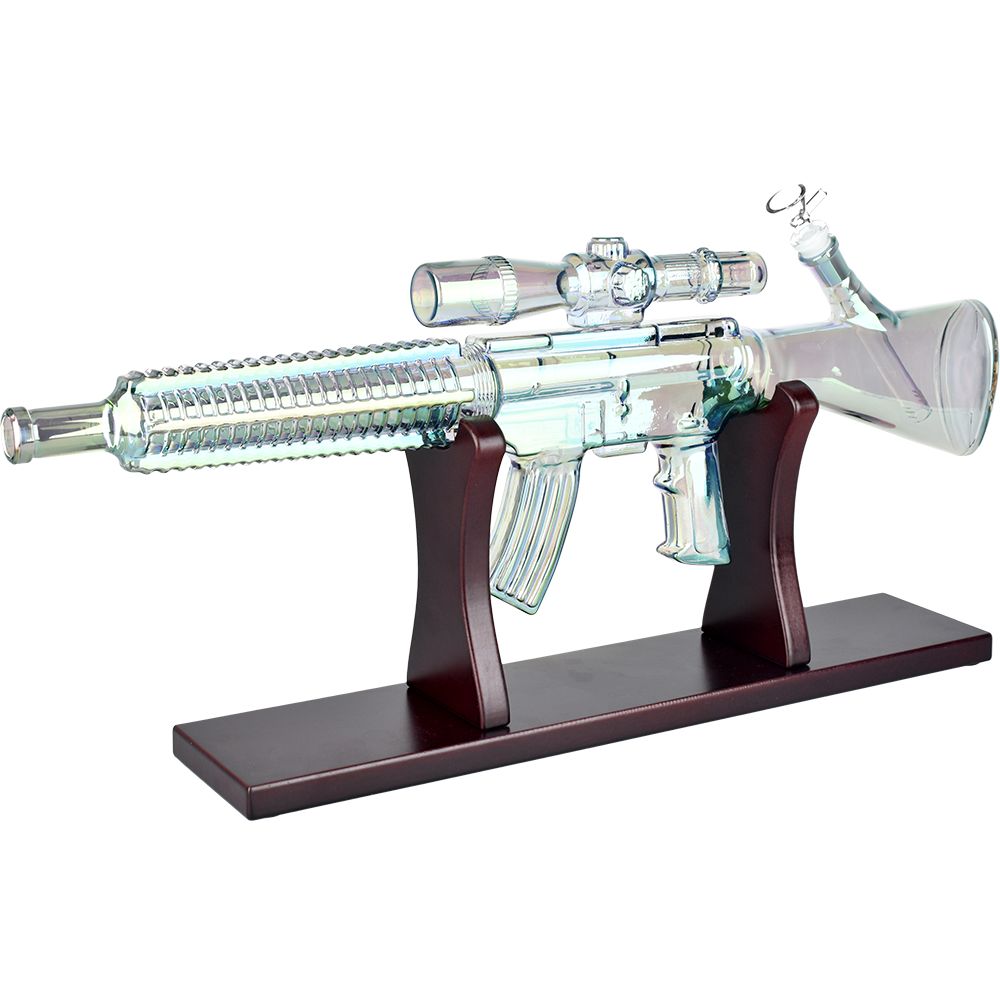 Machine Gun Glass Water Pipe displayed on stand