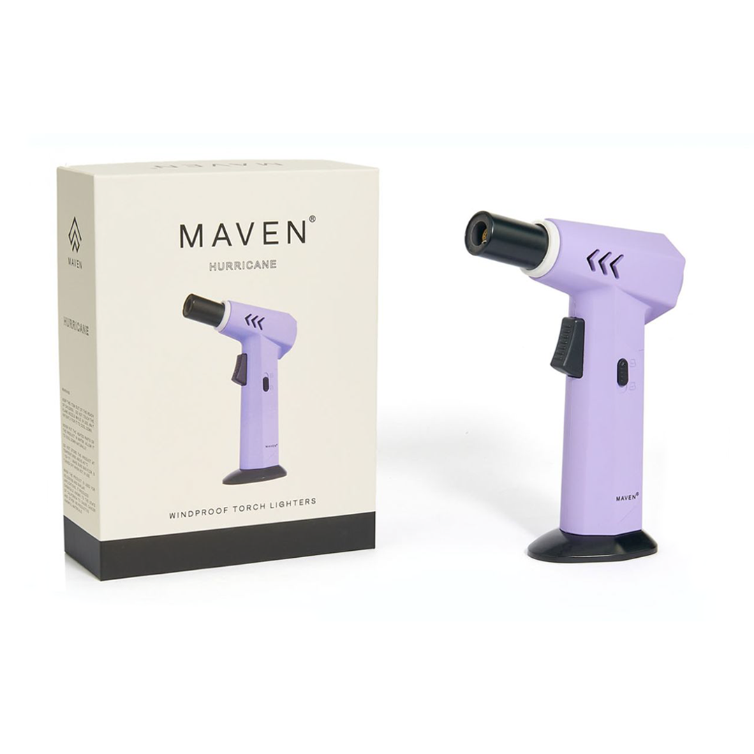 Purple Maven torch lighter next to its packaging on a white background