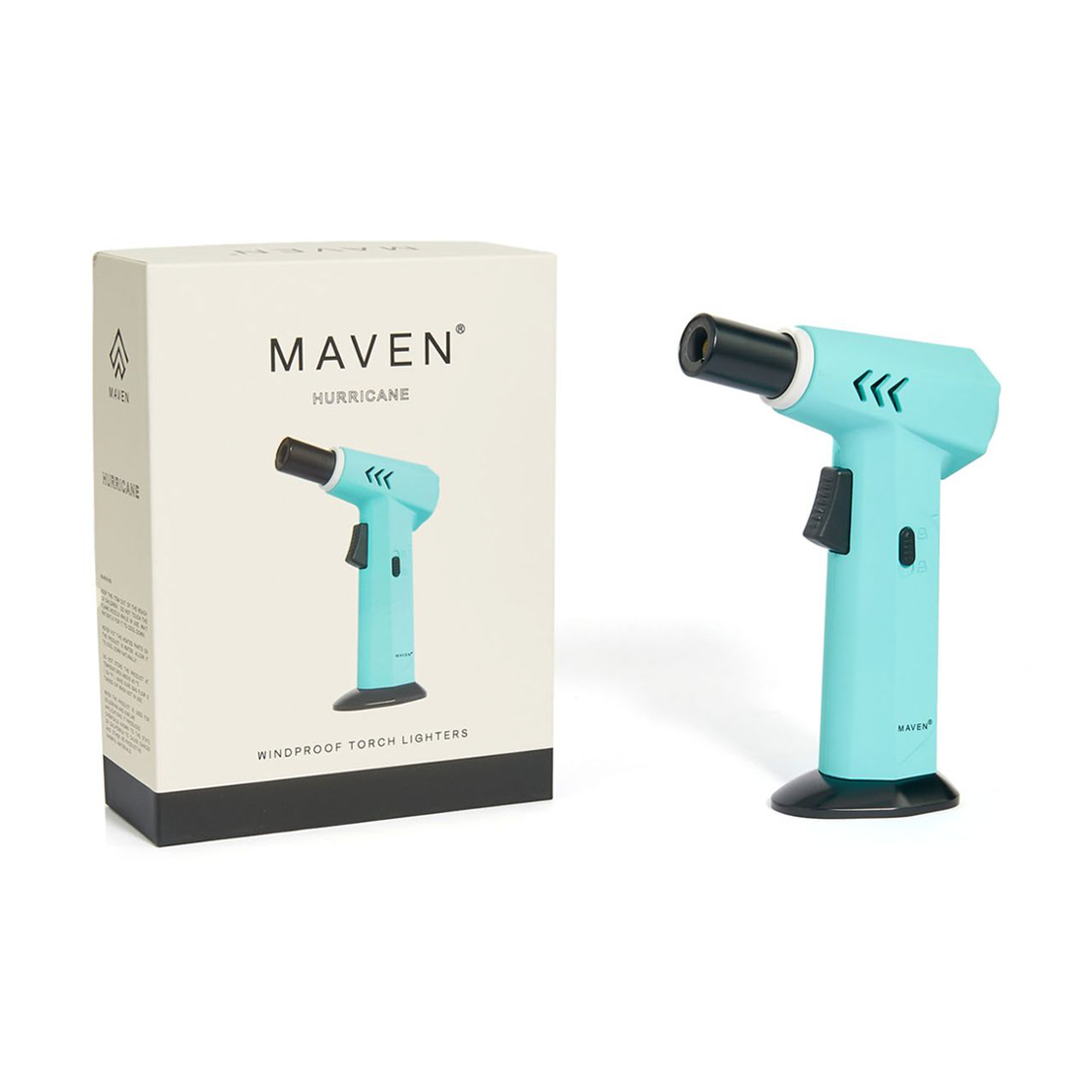 Skyblue torch with black accents next to its packaging box, featuring the Maven brand.