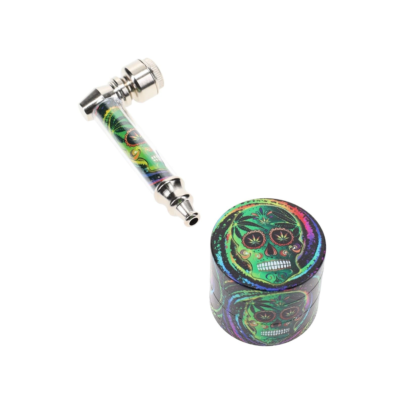 Metal Pipe &amp; 4-Part Metal Grinder Gift Set Leaf Sugar Skull