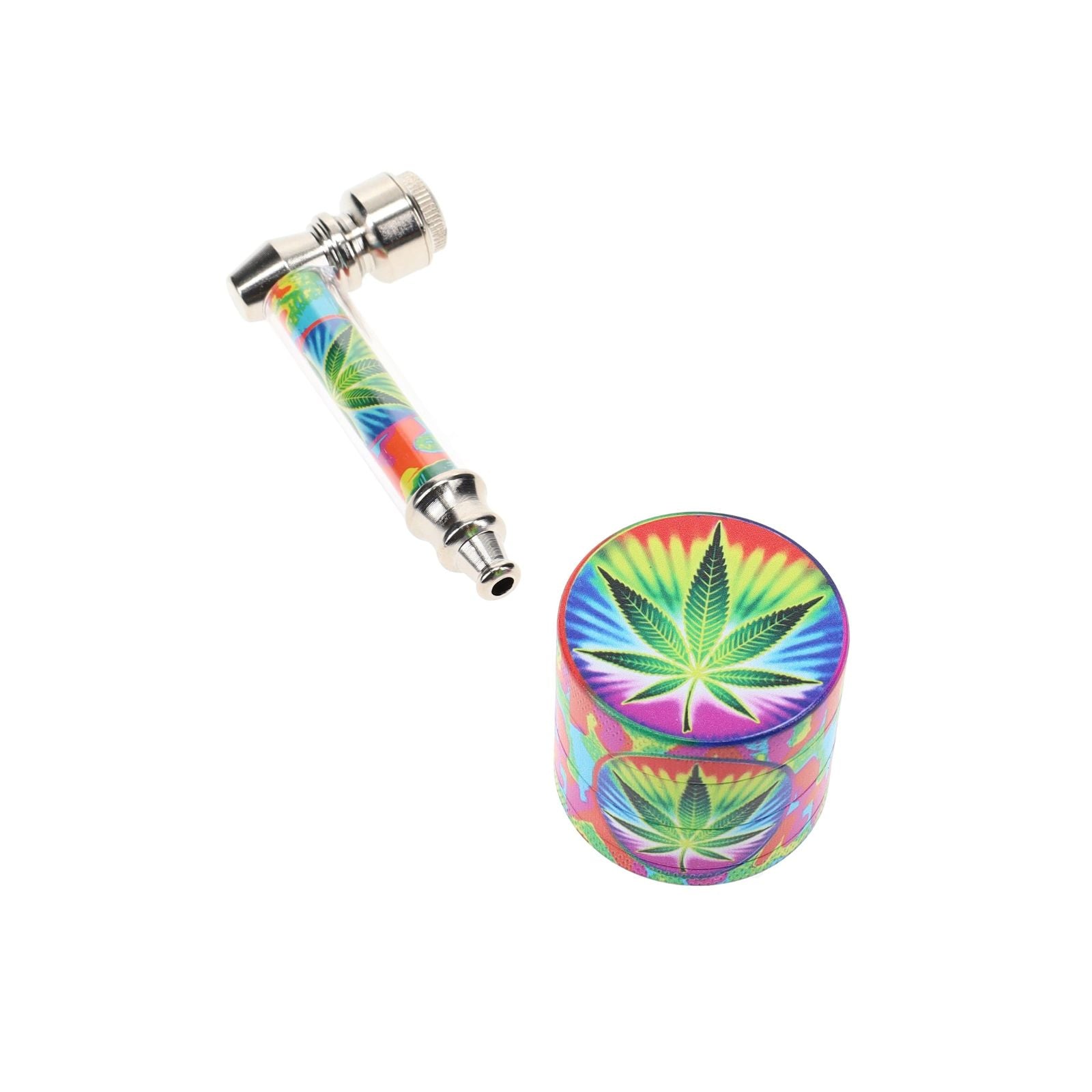 Metal Pipe &amp; 4-Part Metal Grinder Gift Set Psychedelic Leaf