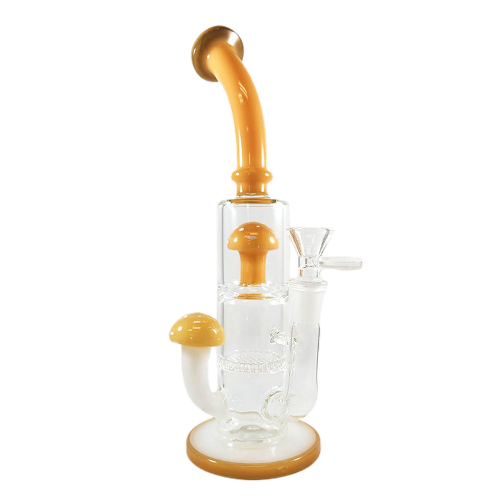 Topaz Mushroom Perc Bong featuring mushroom and honeycomb percolators, clear glass with colored accents, ergonomic bent neck dab rig