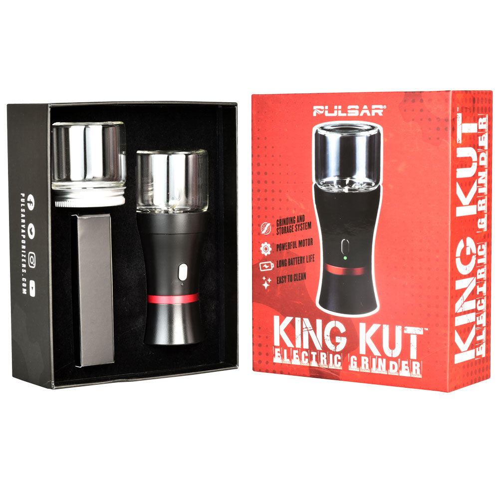 Close-up of the Pulsar King Kut Portable Electric Herb Grinder packaging