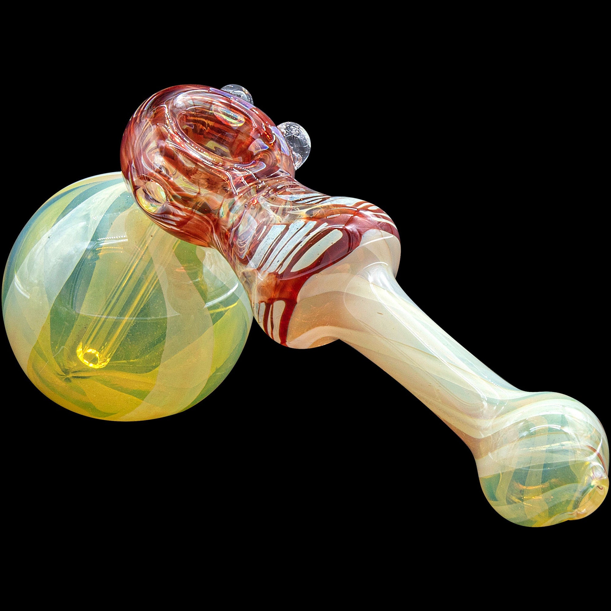 Left side of Raked Hammer Fumed Hammer Bubbler in Ruby Red