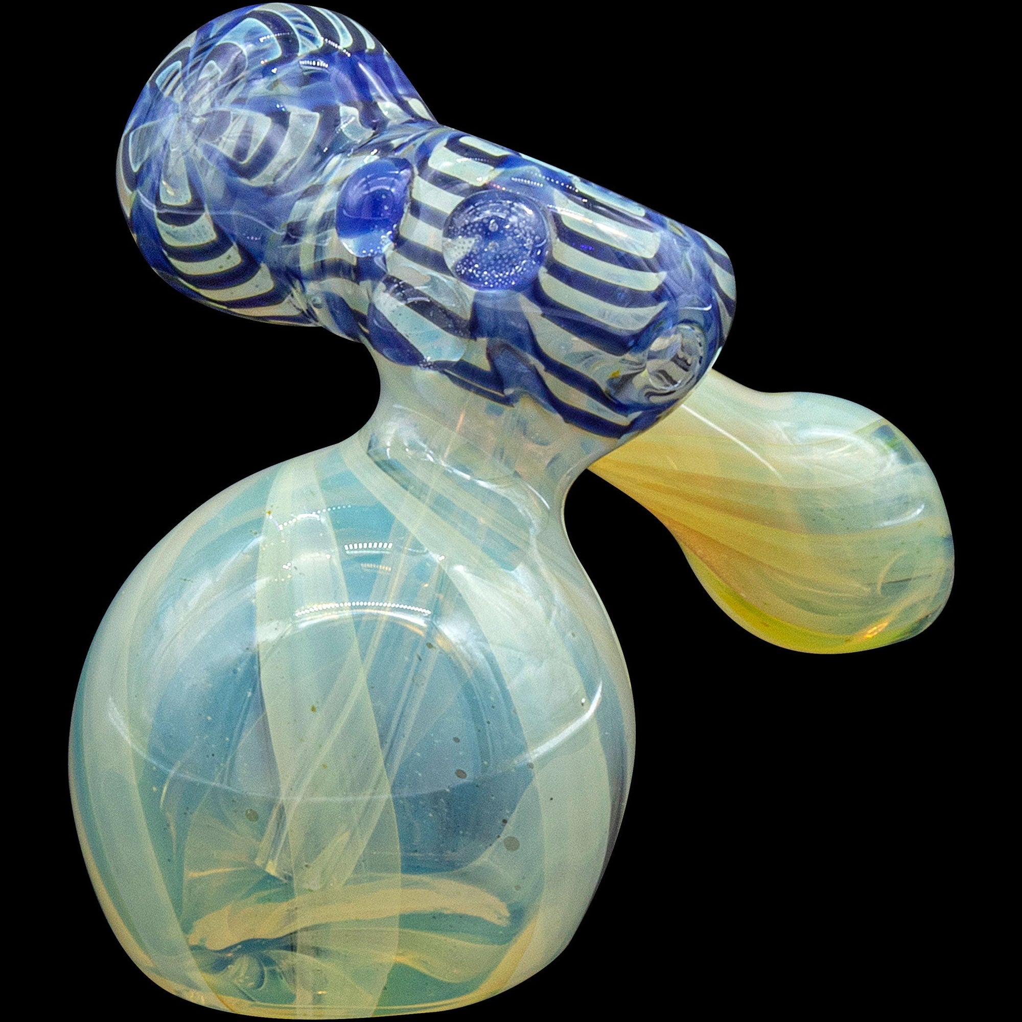 Close-up of Cobalt Blue Raked Sidecar Bubbler detailing hand-raked fumed glass and bowl design
