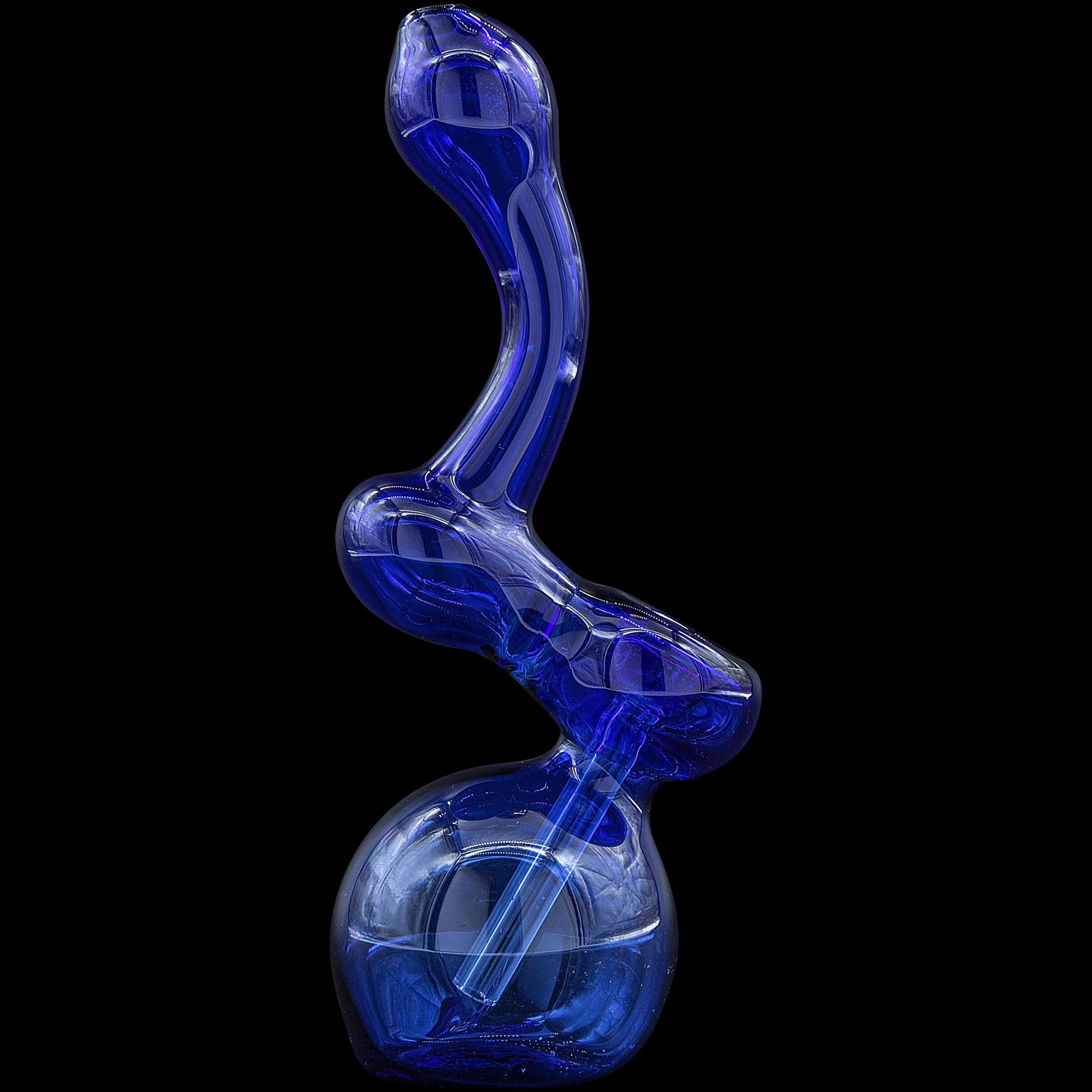 side view of cobalt blue Sherbub Glass Sherlock Bubbler