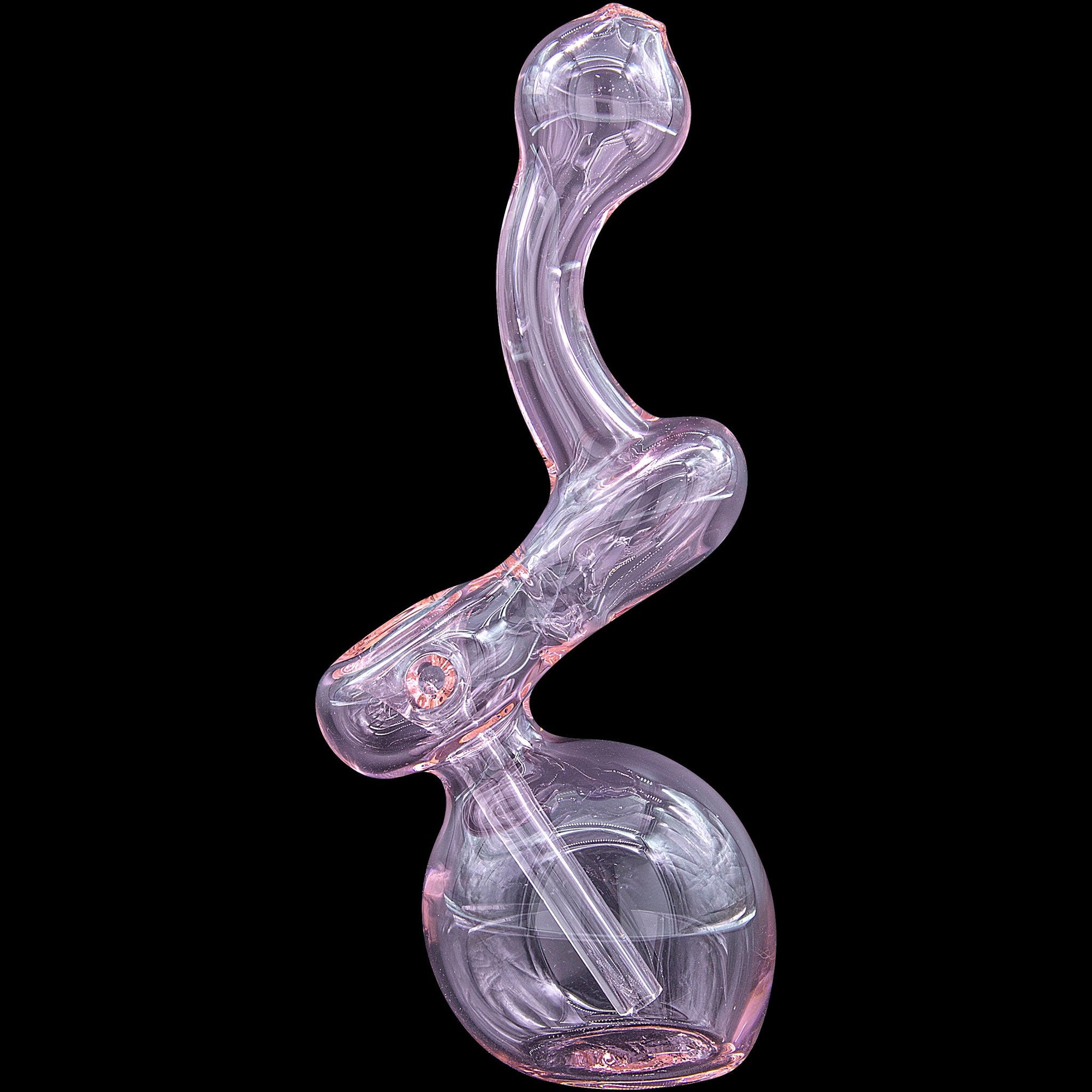 Left side of translucent pink Sherbub Glass Sherlock Bubbler 