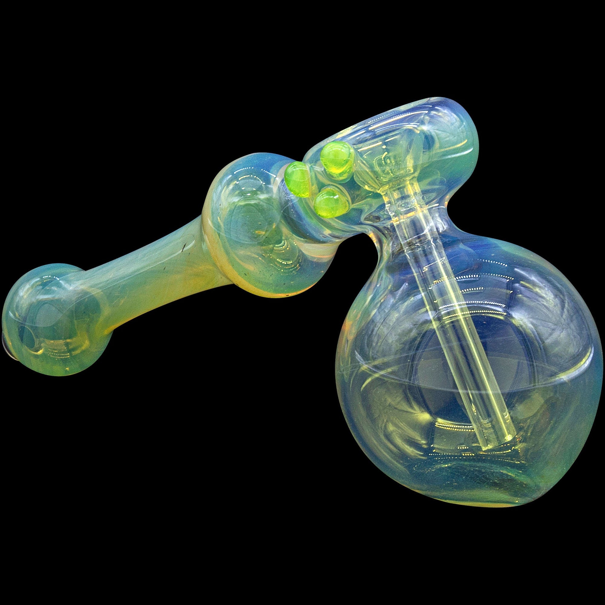 Close-up view of Green Slime Silver Fumed Glass Hammer Bubbler showing bowl