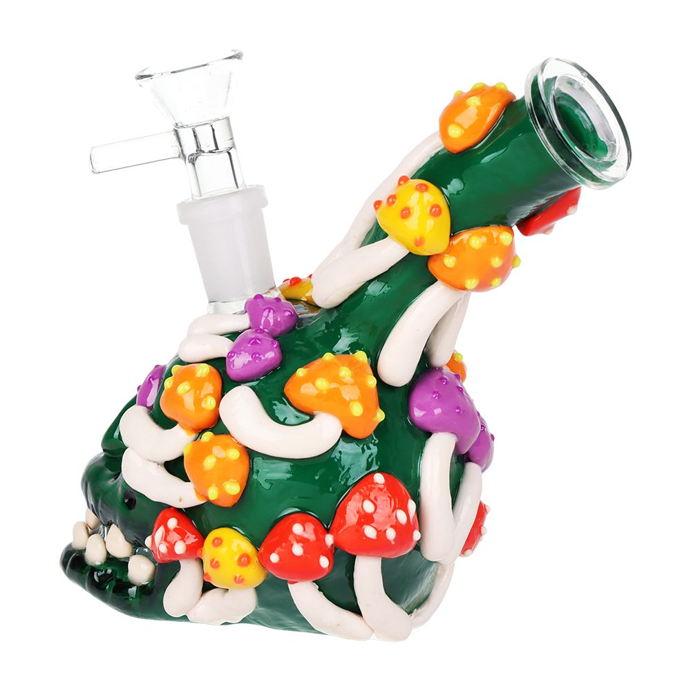 Side view of Skull Full of Shrooms Glass Water Bong highlighting the 3D mushrooms