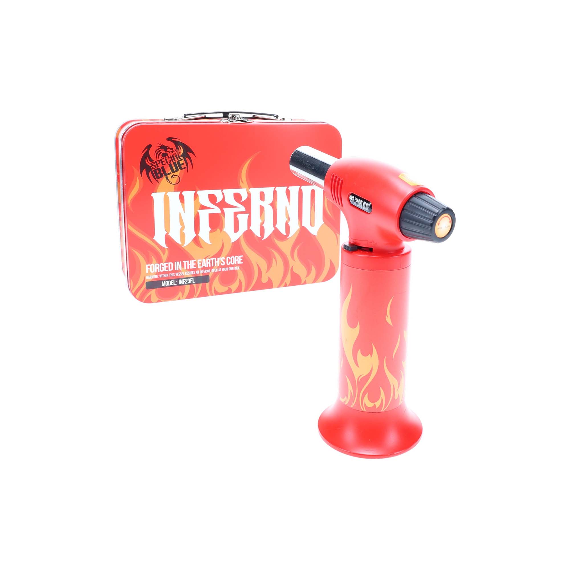 Special Blue Inferno Pro Toolbox Torch Lighter Red Color with package case on white background