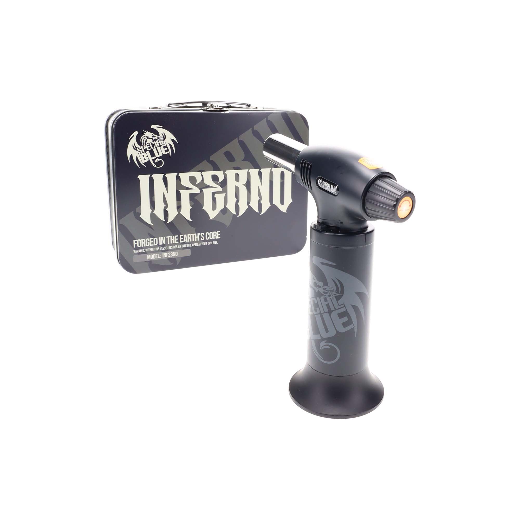 Special Blue Inferno Pro Toolbox Torch Lighter Black Color with package case on white background