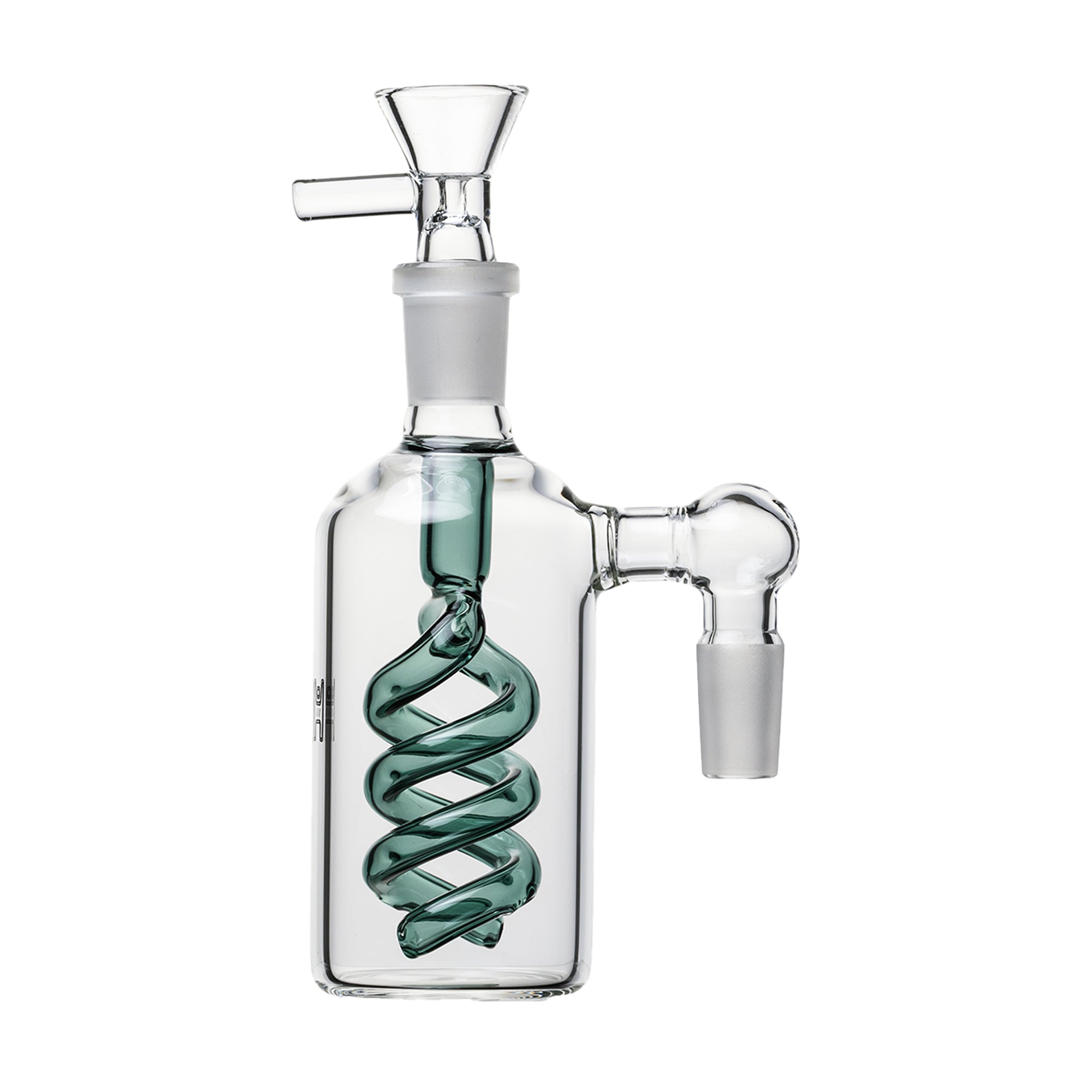 Spiral Perc Ash Catcher in lake green color, 90-degree view