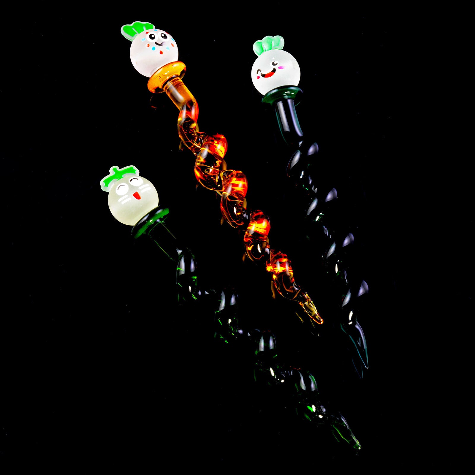 Twisted Smiley Glass Dab Tool on black background showing colorful twisted glass design