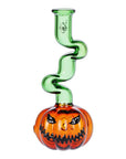 Front view of Twisty & Wicked Jack-O-Lantern Glass Herb Pipe with detailed jack-o-lantern bowl and twisty zig-zag stem