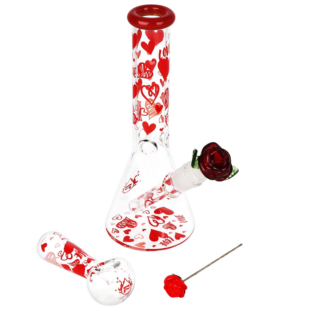 Valentine's Hearts and Roses Glass Bong & Hand Pipe Set - inhalco