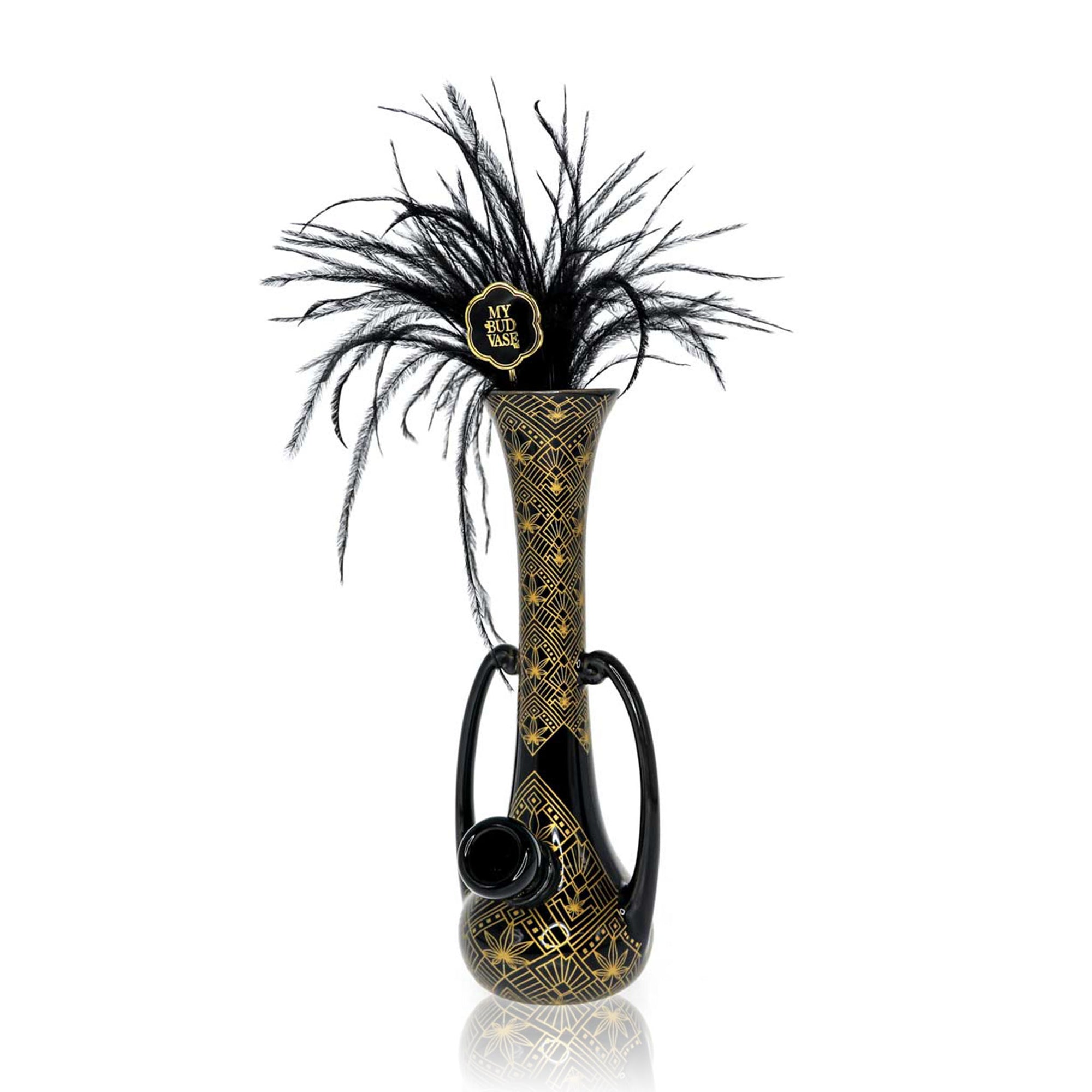Front view of Vamp Vase Bong in black porcelain with gold pattern