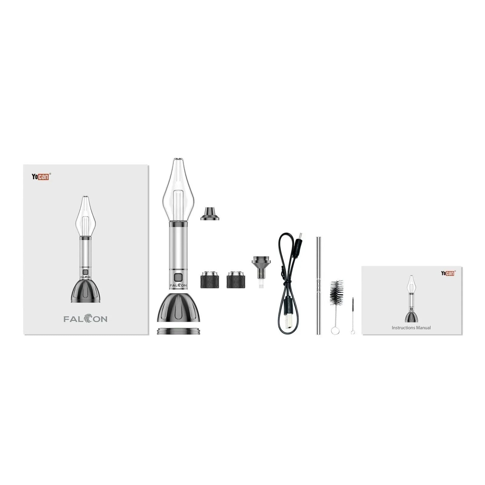 Yocan Falcon 6-in-1 Vaporizer complete kit showing all parts and accessories