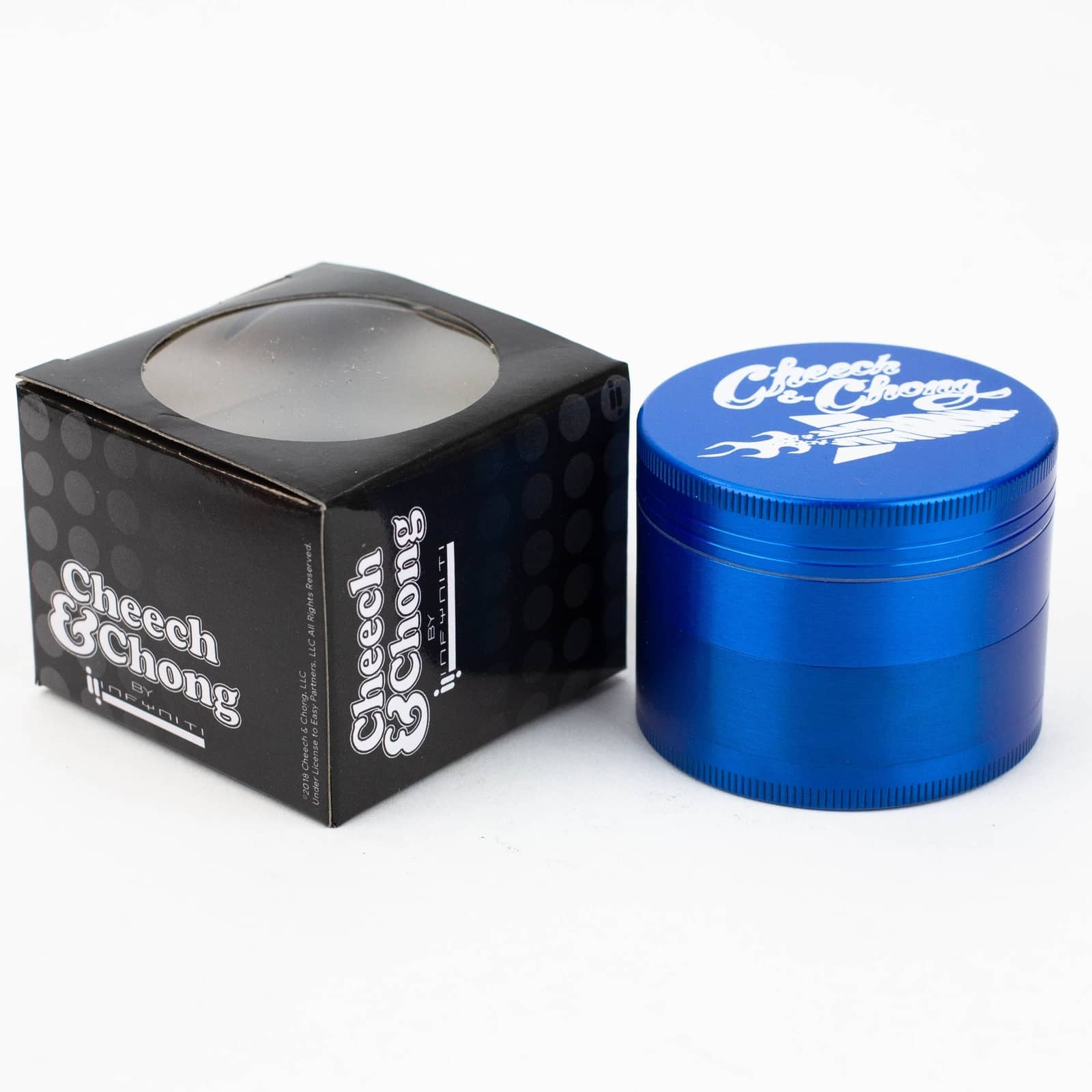 Cheech and Chong 4 Parts Metal Grinder blue up in somke package